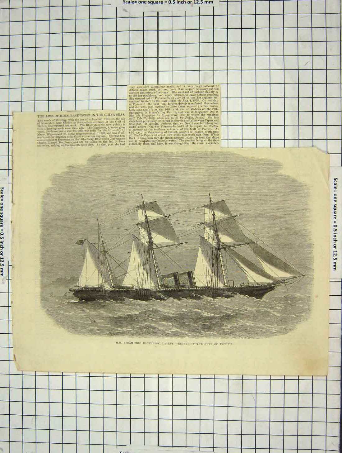 Original Old Antique Print H.M. Steam Ship Racehorse Wrecked Gulf Pecheli 1867