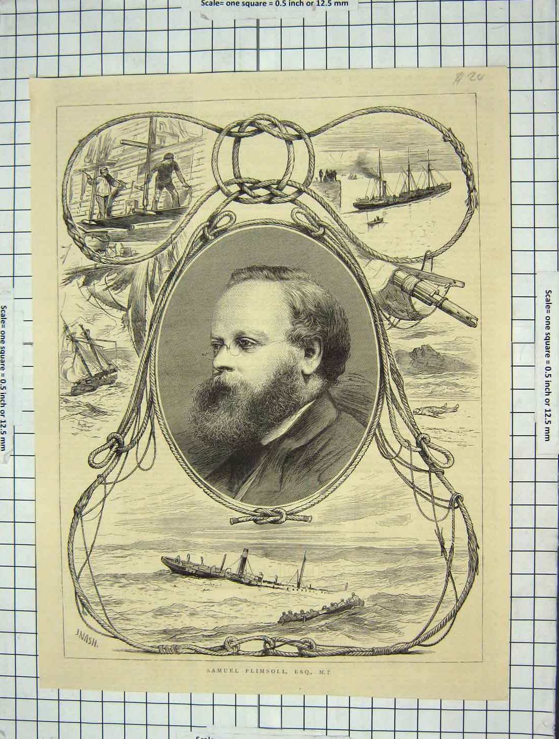 Original Old Antique Print Portrait Samuel Plimsoll M.P. Man War Ships