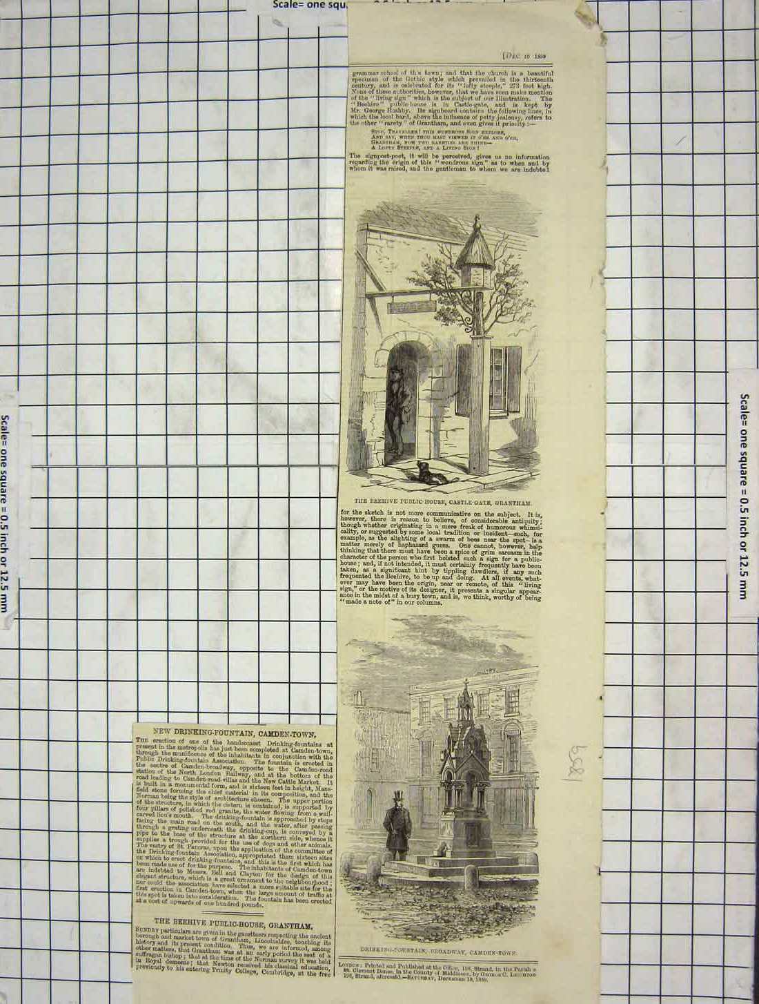 Original Old Antique Print 1879 Beehive Public House Grantham Fountain Camden