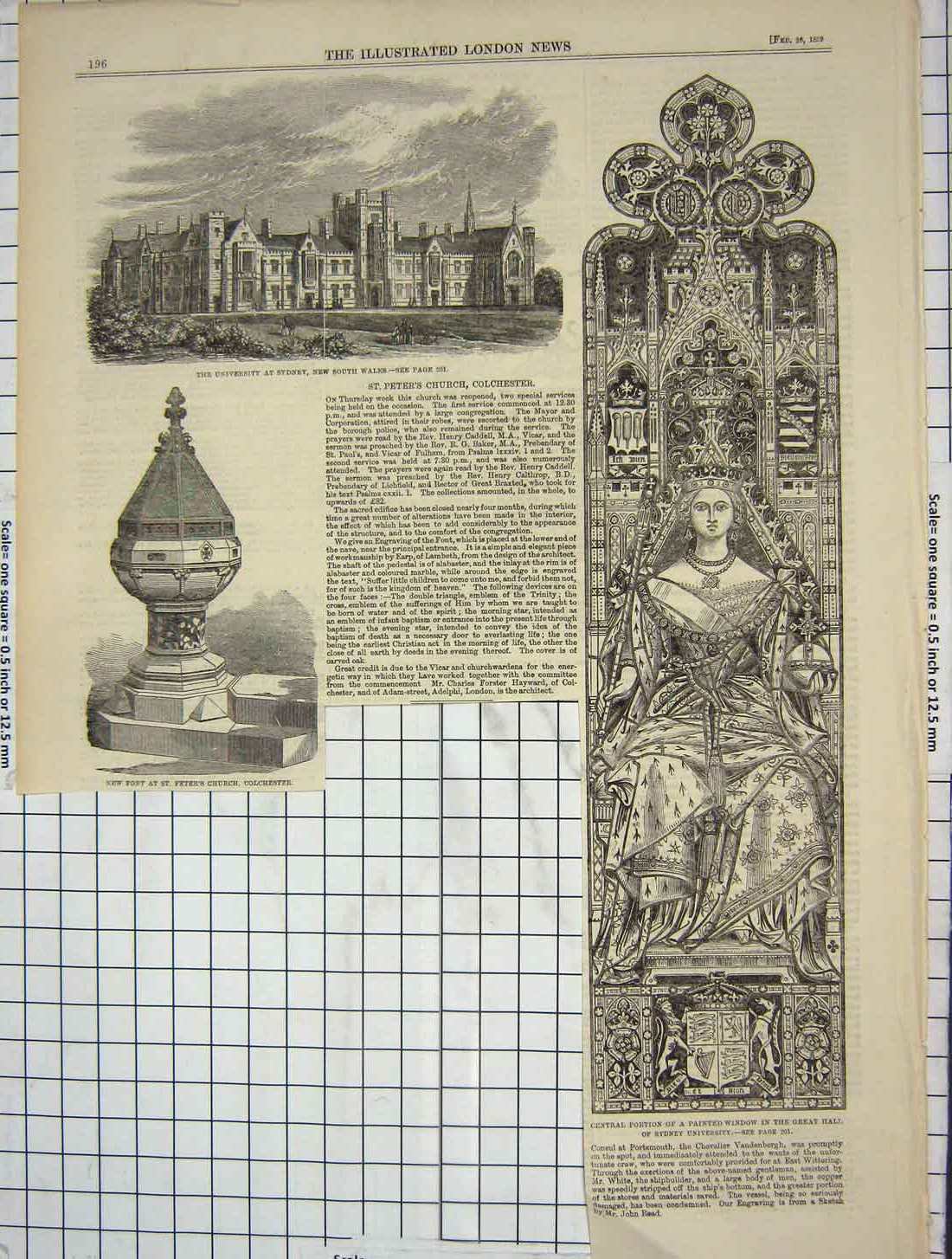 Old Antique Print 1859 Font Peter'S Church Colchester University Sydney 19th