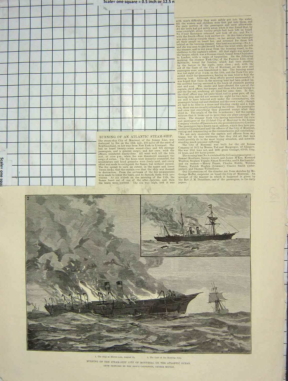 Antique Old Print *3788 1887 Burning Steam Ship City Montreal Atlantic Ocean
