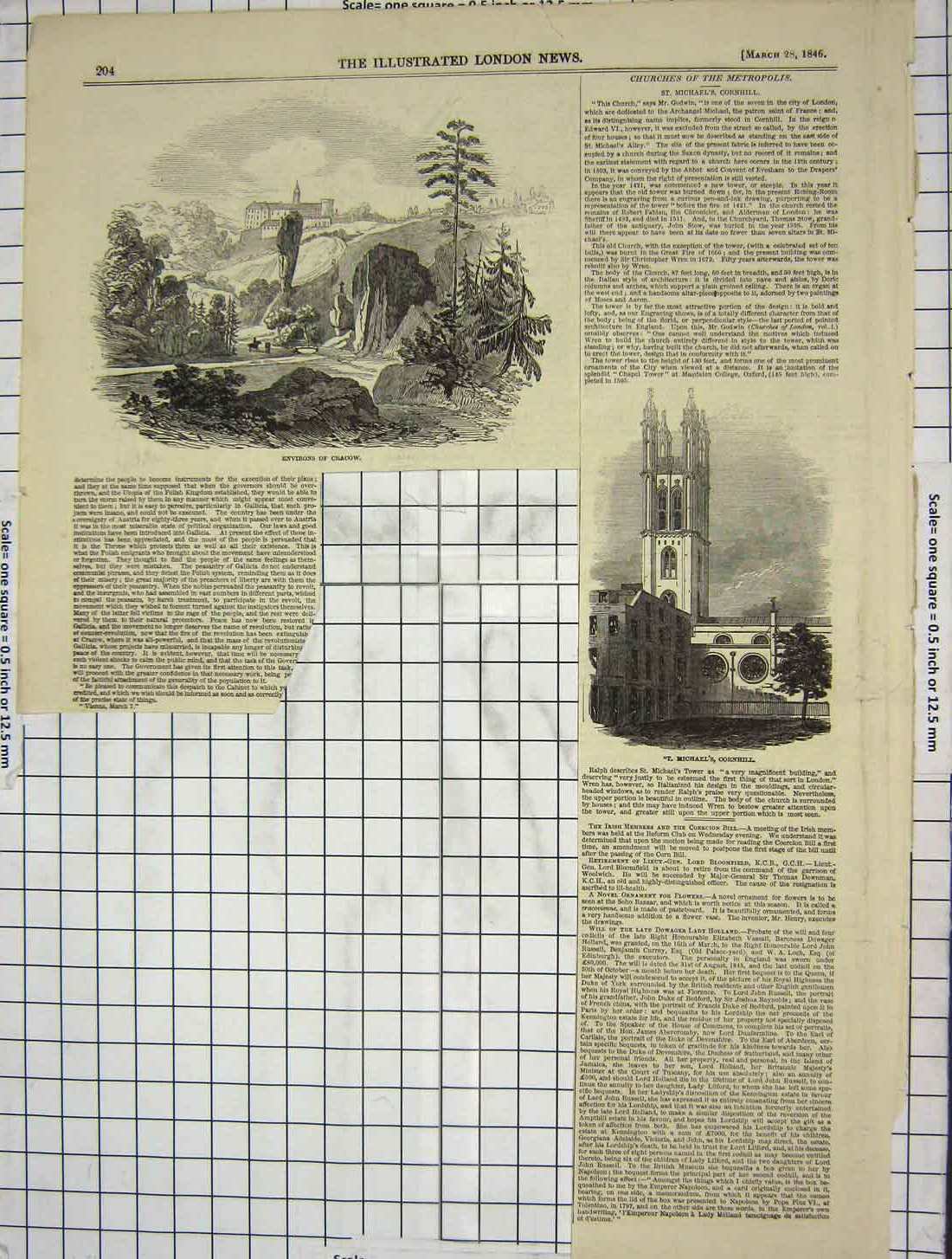 Original Old Antique Print 1846 Environs Cracow St. Michael'S Cornhill Church