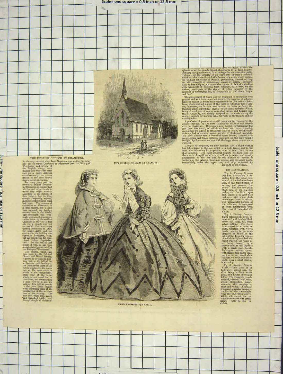Original Old Antique Print English Church Chamouni Paris Ladies Fashion April