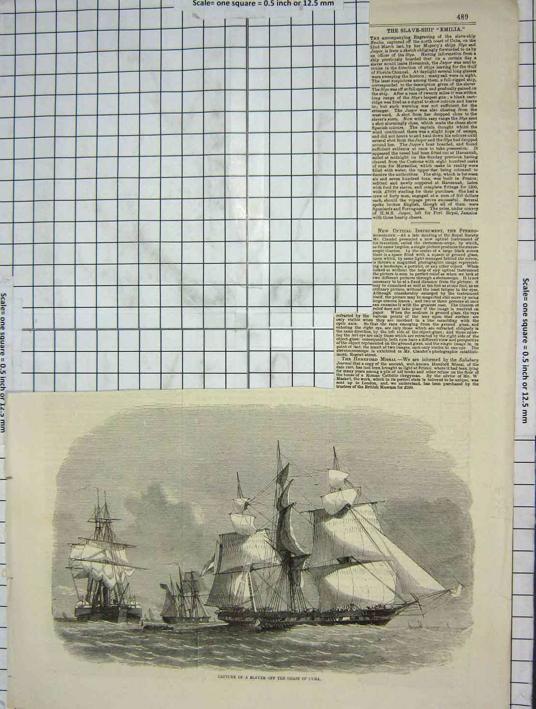 Original Old Antique Print 1883 Scene Capture Slaver Dhow Ship Coast Cuba 19th