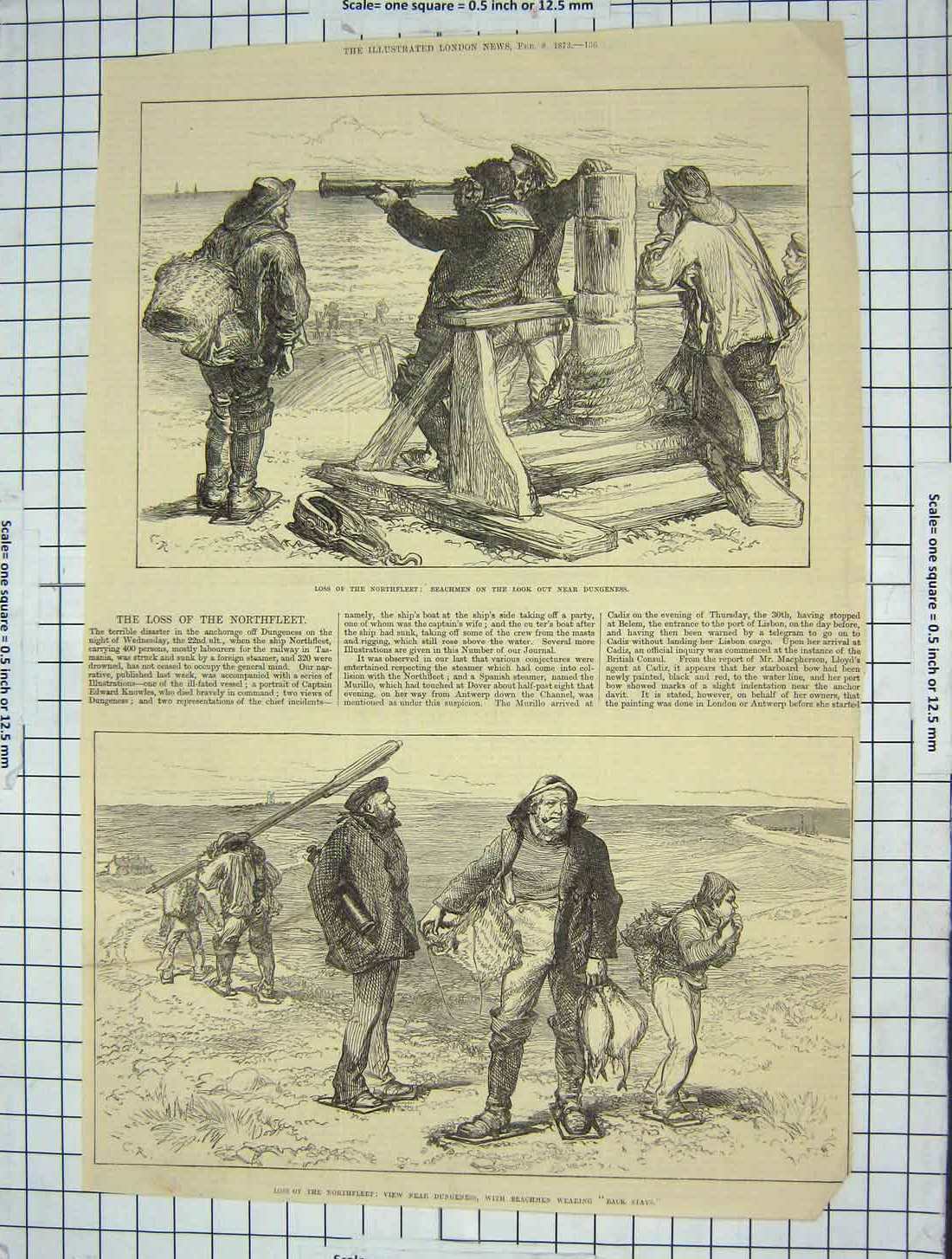Original Old Antique Print 1873 Loss Northfleet Ship Beachmen Dungeness Men
