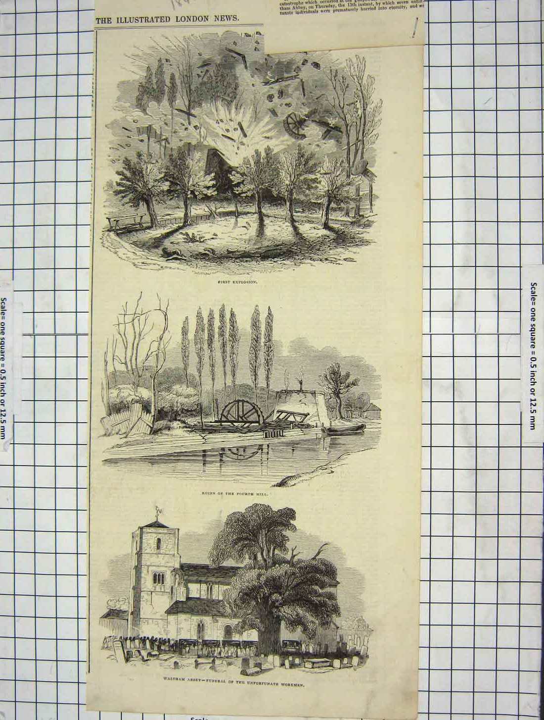 Original Old Antique Print 1843 Waltham Abbey Explosion Fourth Mill Workmen