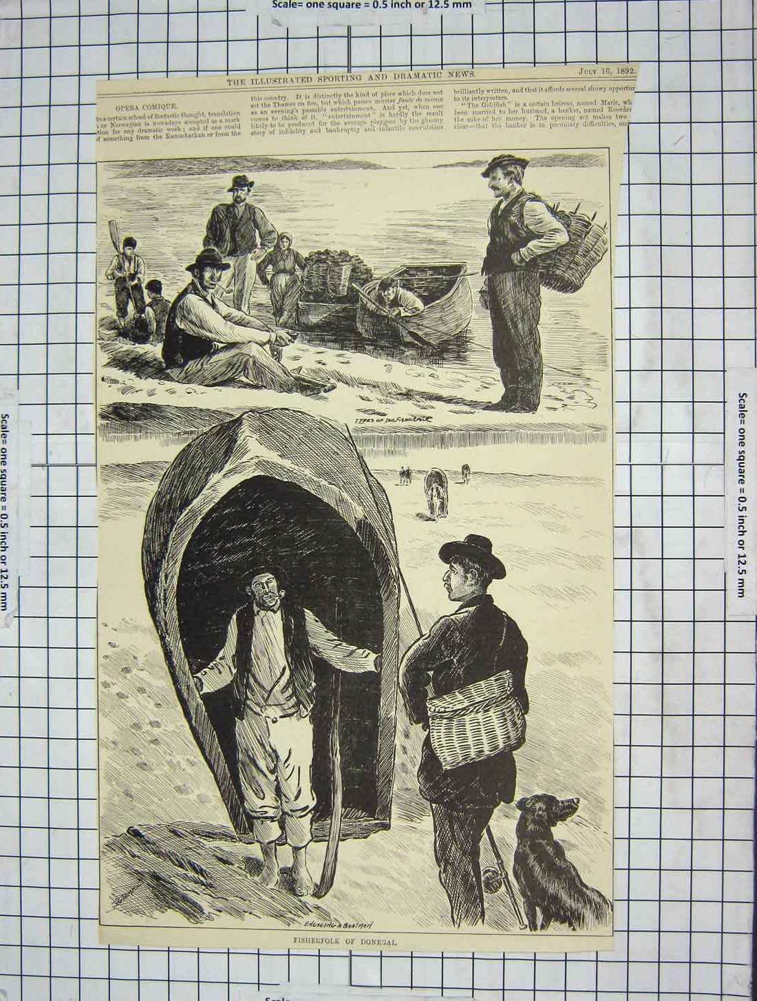 Original Old Antique Print 1892 Fisherfolk Donegal Fishing Dog Basket Ireland