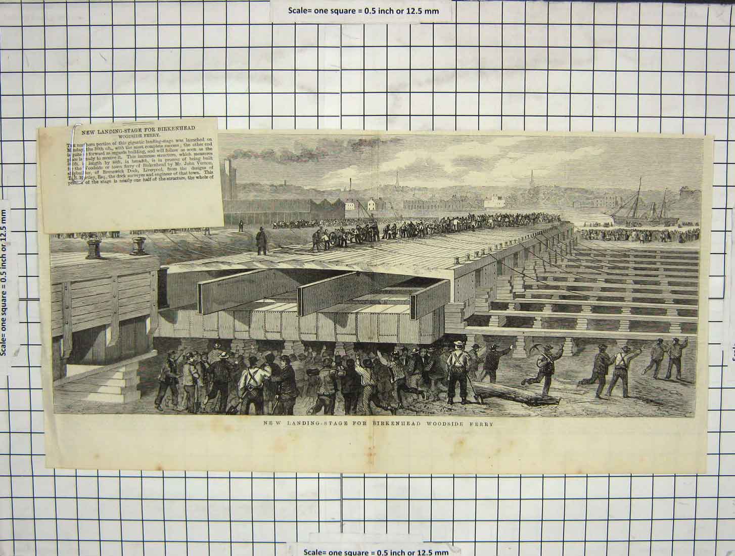 Original Old Antique Print New Landing Stage Birkenhead Woodside Ferry Ships