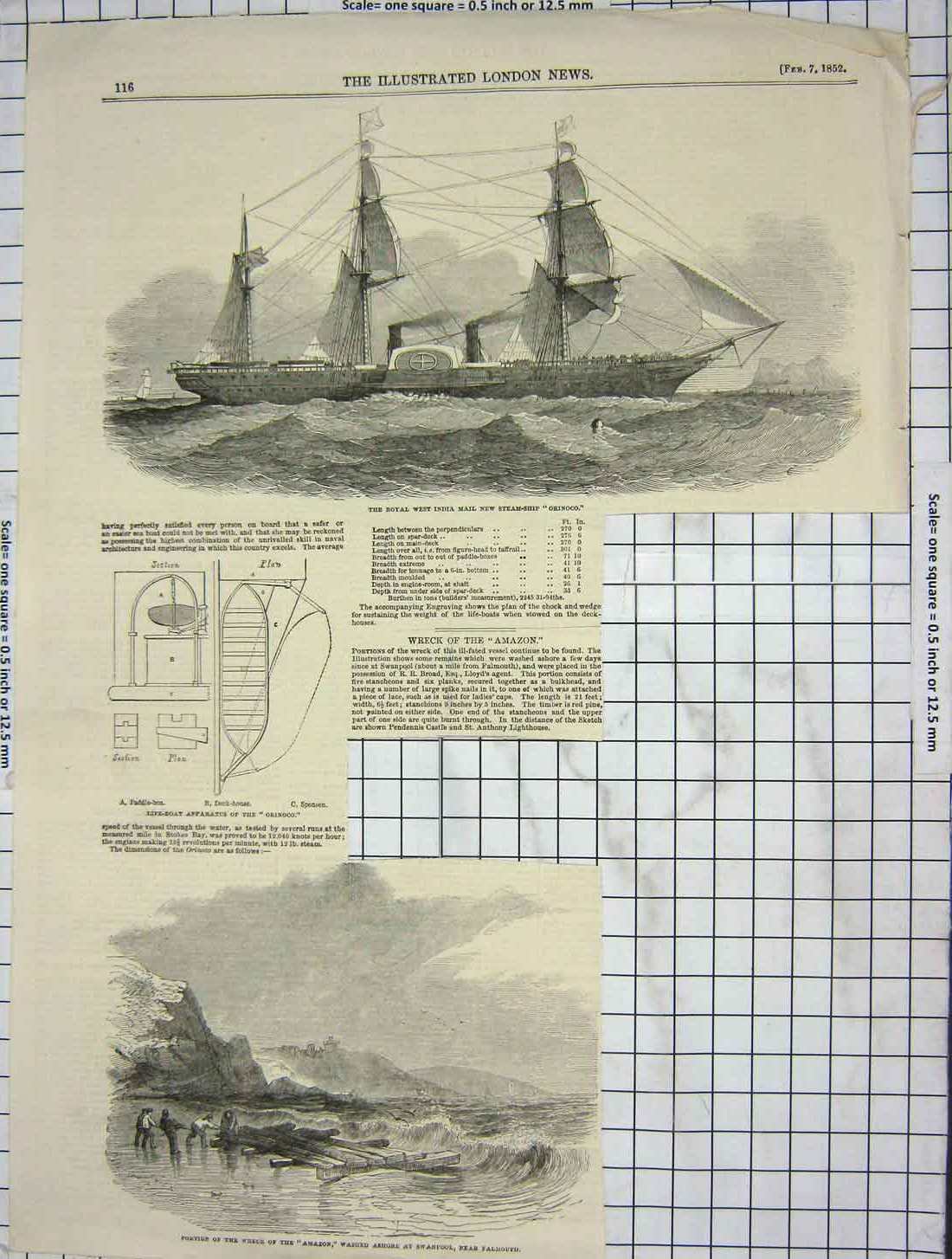Original Old Antique Print 1852 India Mail Steam Ship Orinocco Amazon Flamouth