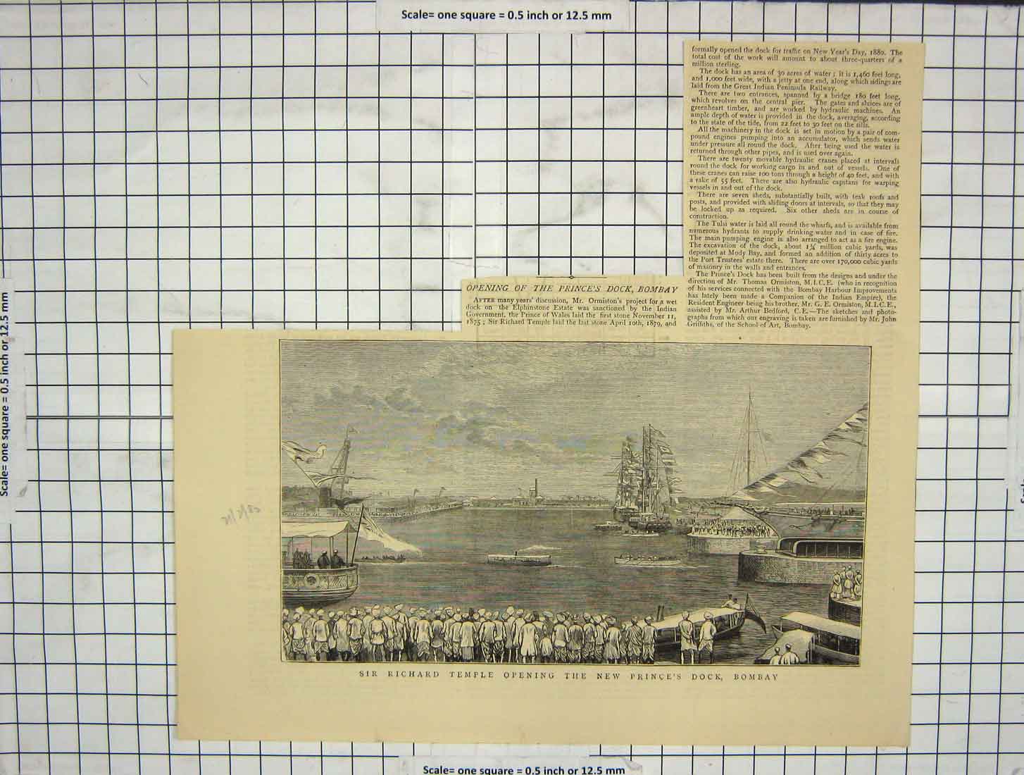 Original Old Antique Print 1880 Sir Richard Temple Opening Prince'S Dock Bombay