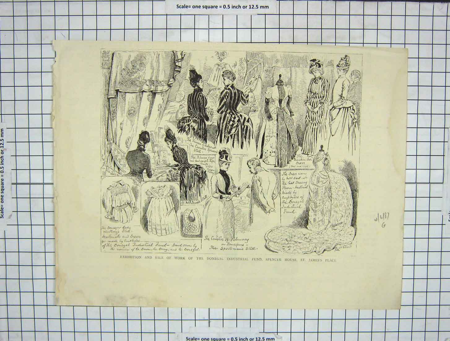 Original Old Antique Print 1887 Exihibition Donegal Industrial Spencer House