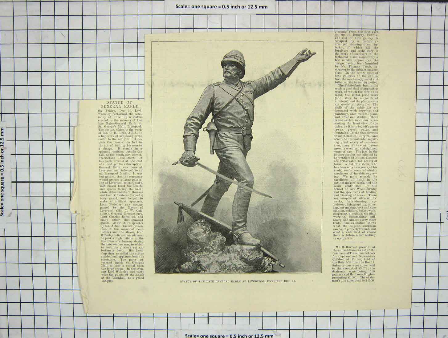 Original Old Antique Print Statue General Earle Liverpool War Sier 1887 19th