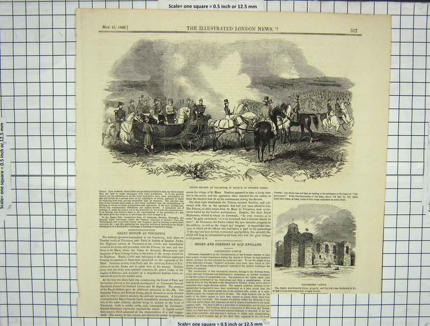 Old Antique Print 1846 Colchester Castle Review Vincennes Ibrahim Pacha 19th