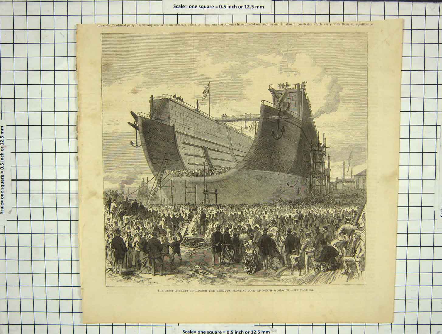 Original Old Antique Print Attempt Launch Ship Bermuda Floating Dock Woolwich