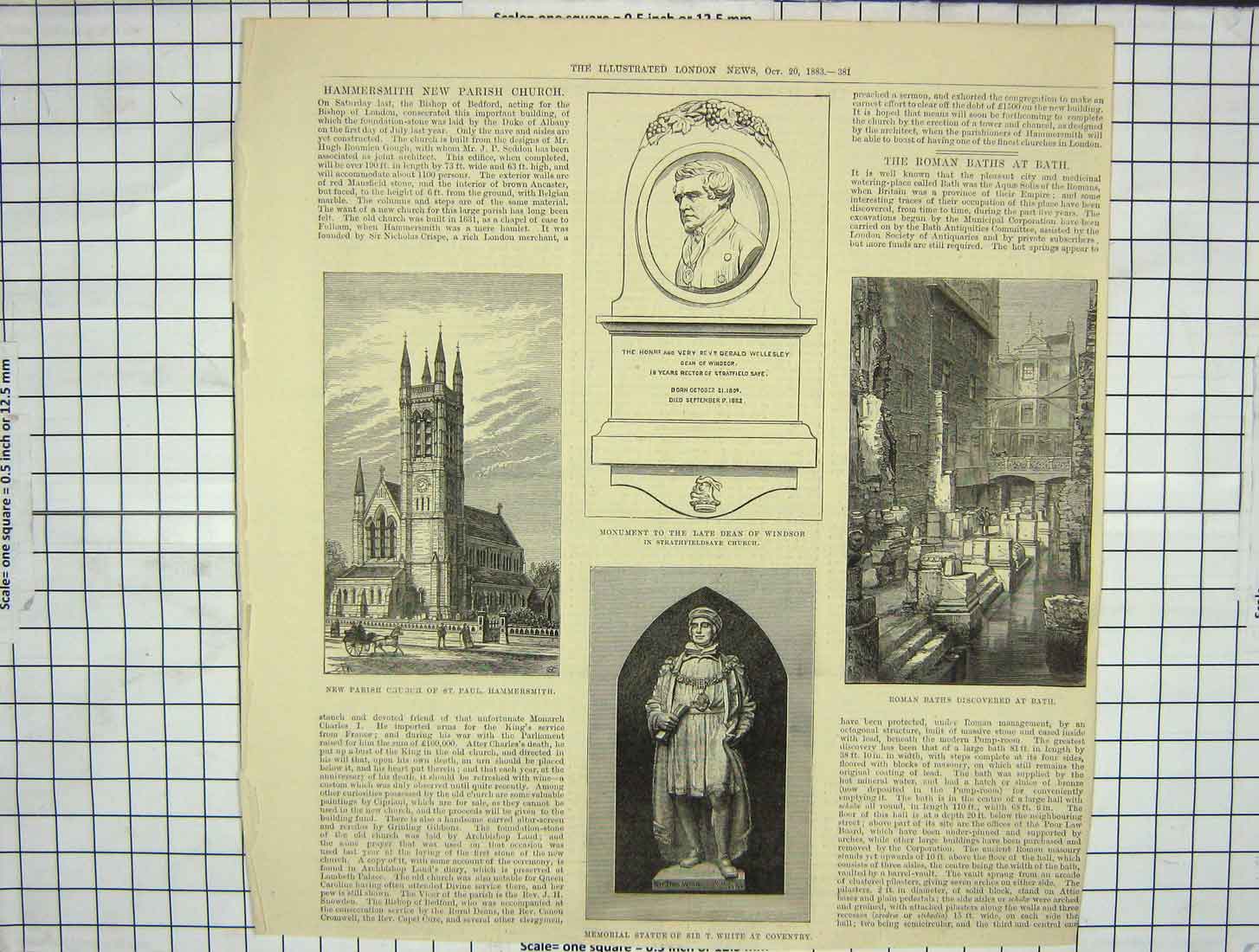 Old Antique Print 1883 Sir White Coventry Roman Baths Church Hammersmith 19th