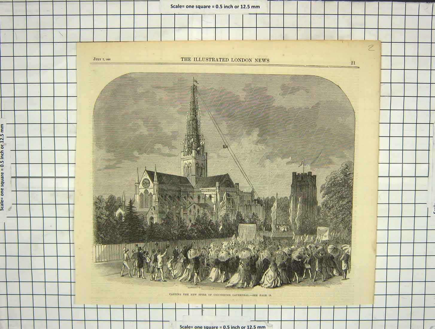 Original Old Antique Print 1866 Capping Spire Chichester Cathedral Architecture