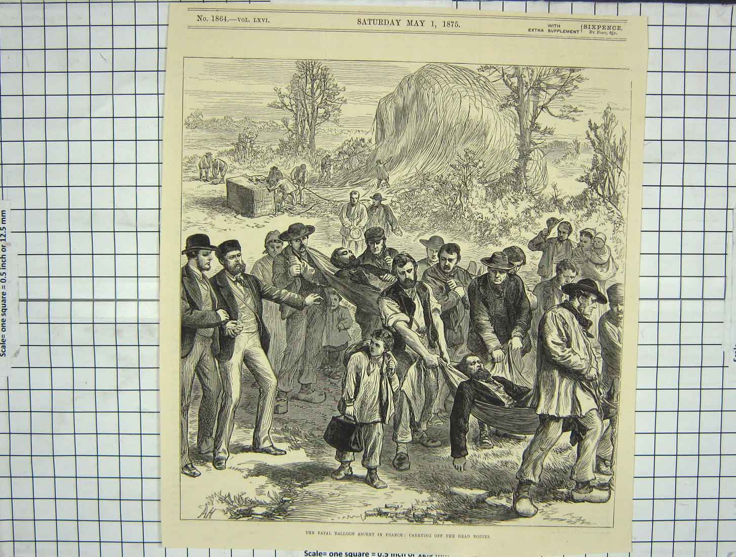 Old Antique Print 1875 Fatal Accident Balloon Ascent France Dead Bodies 19th