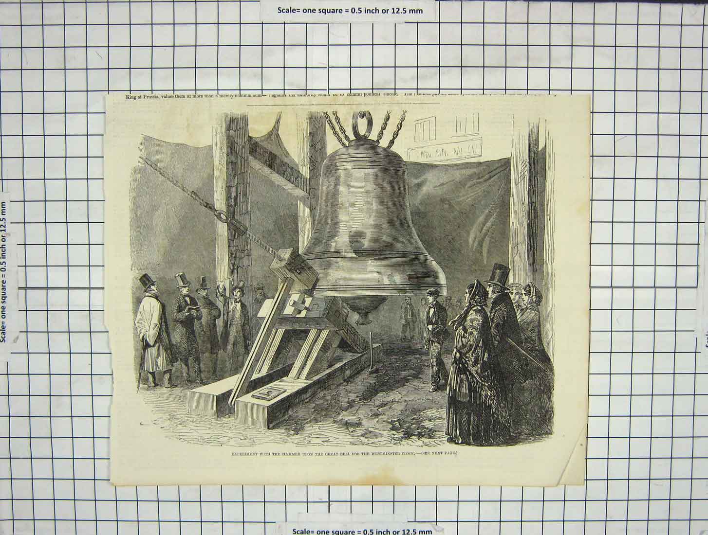 Original Old Antique Print Hammer Great Bell Westminster Clock Experiments 18th