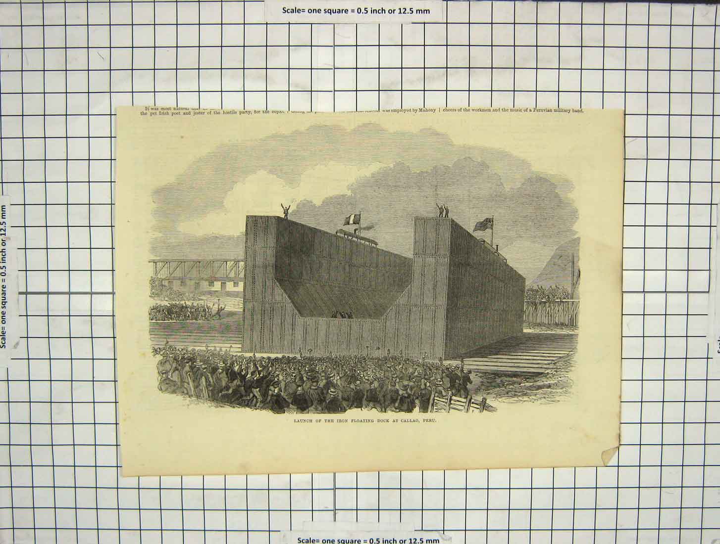 Original Old Antique Print Launch Floating Dock Callao Peru South America 19th