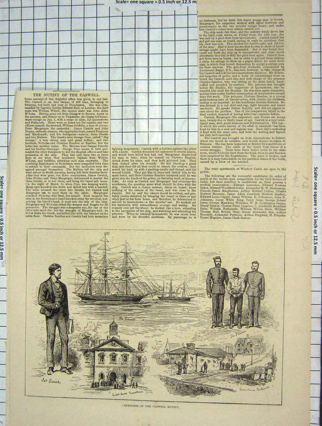 Original Old Antique Print Caswell Mutiny War Ship Siers Queenstown Victorian