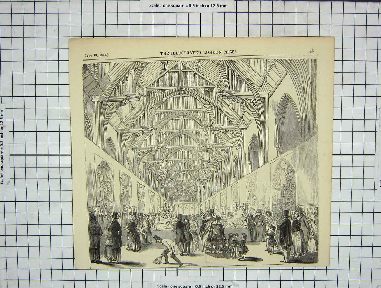 Old Antique Print 1845 Exhibition Cartoons Westminster Hall Art Gallery 19th