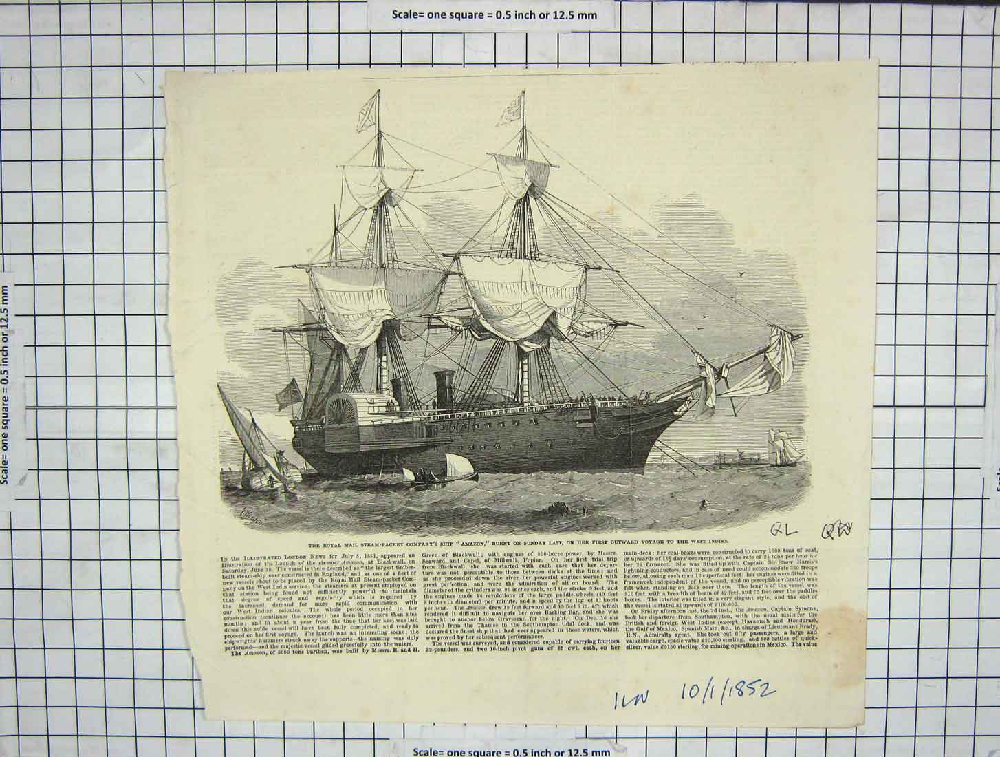 Original Old Antique Print 1852 Royal Mail Steam Packet Ship Amazon West Indies