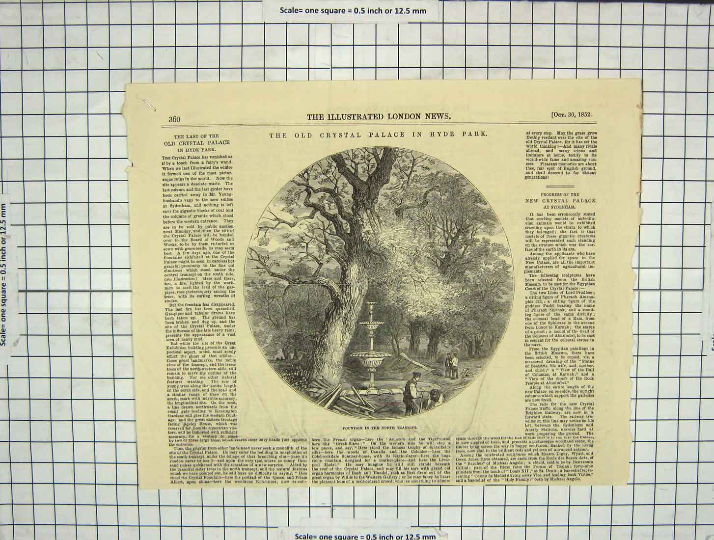 Old Antique Print 1852 Crystal Palace Hyde Park Fountain North Transept 19th