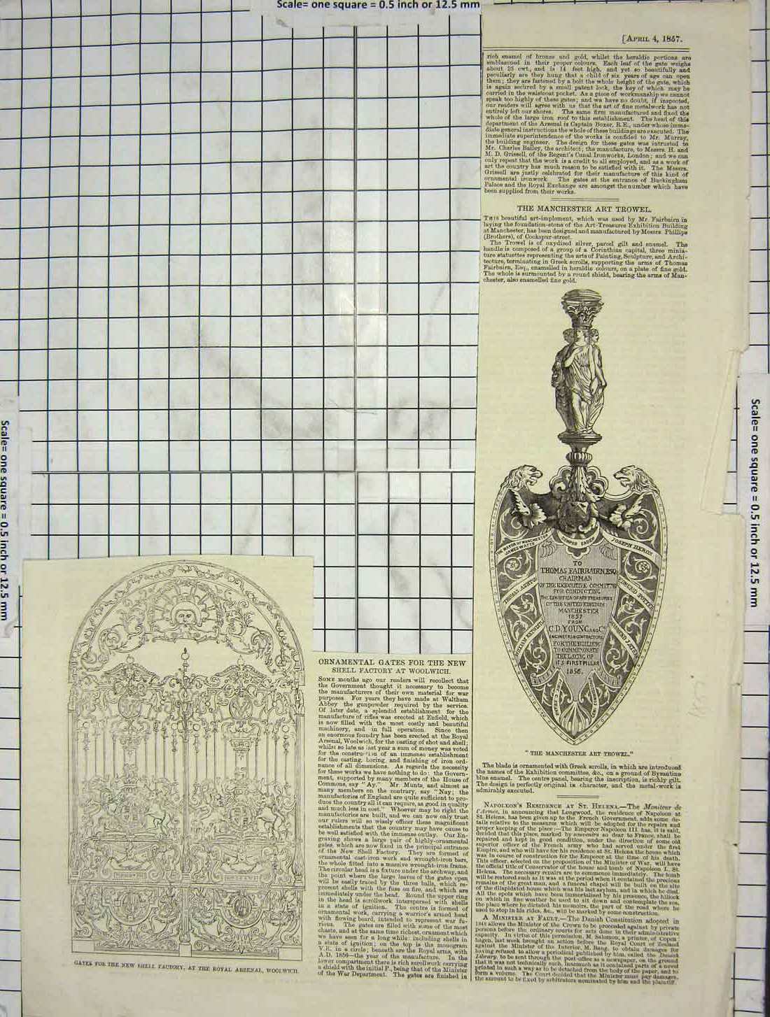 Old Antique Print 1857 Ornamental Gates Shell Factory Arsenal Art Trowel 19th