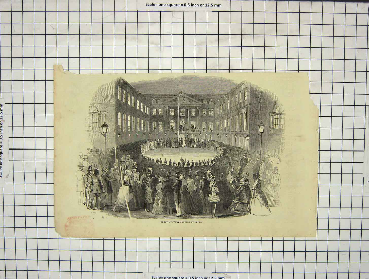 Original Old Antique Print Great Military Concert Bruhl Building Music