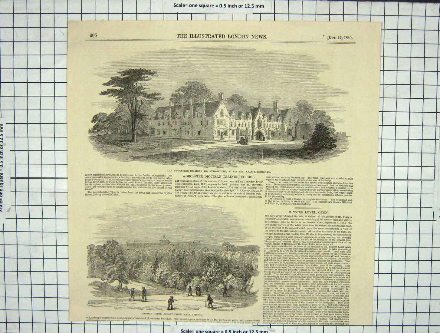 Original Old Antique Print 1850 Worcester Diocesan Training School Orphan House