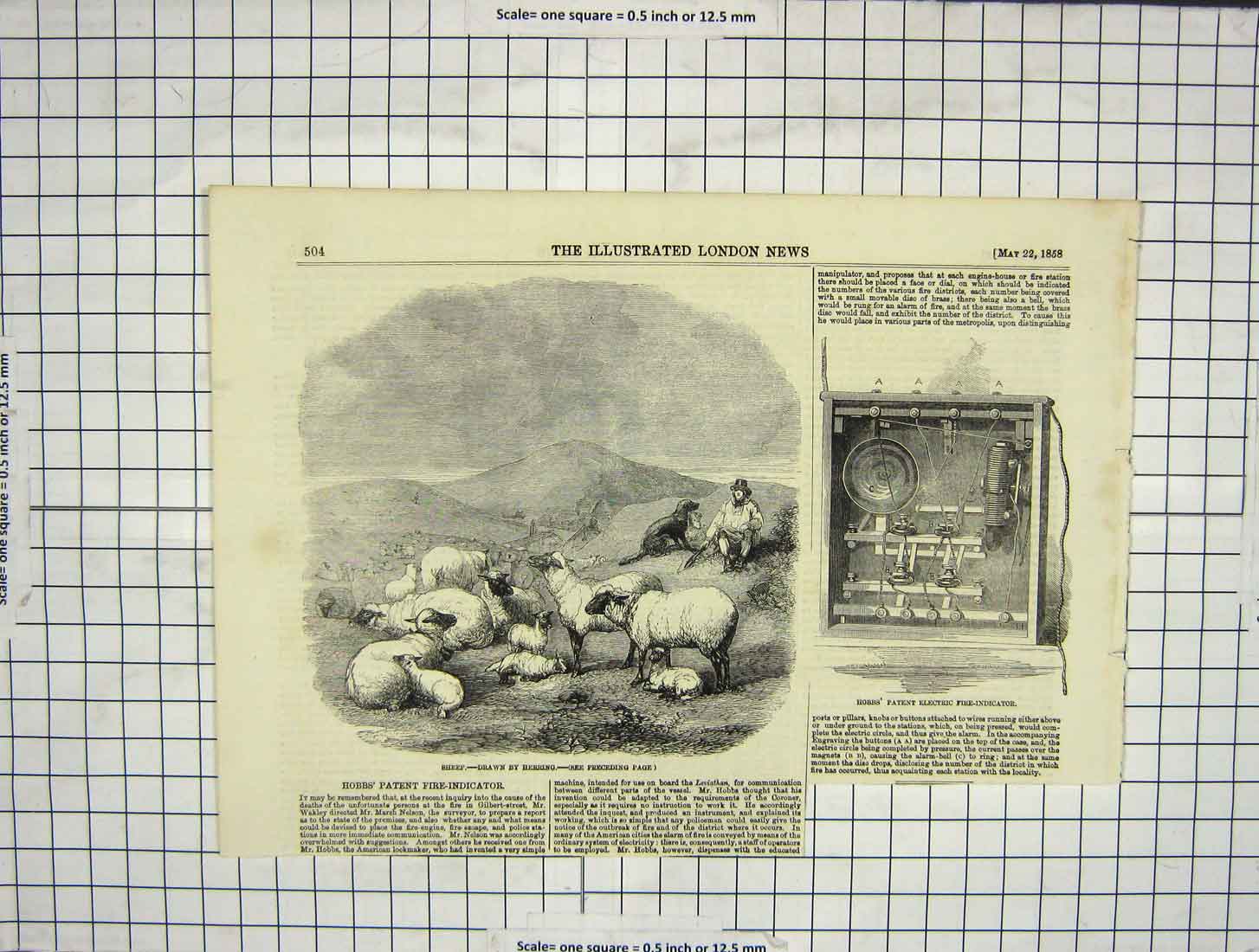 Original Old Antique Print 1858 Sheep Mountains Hobbs Patent Fire-Indicator