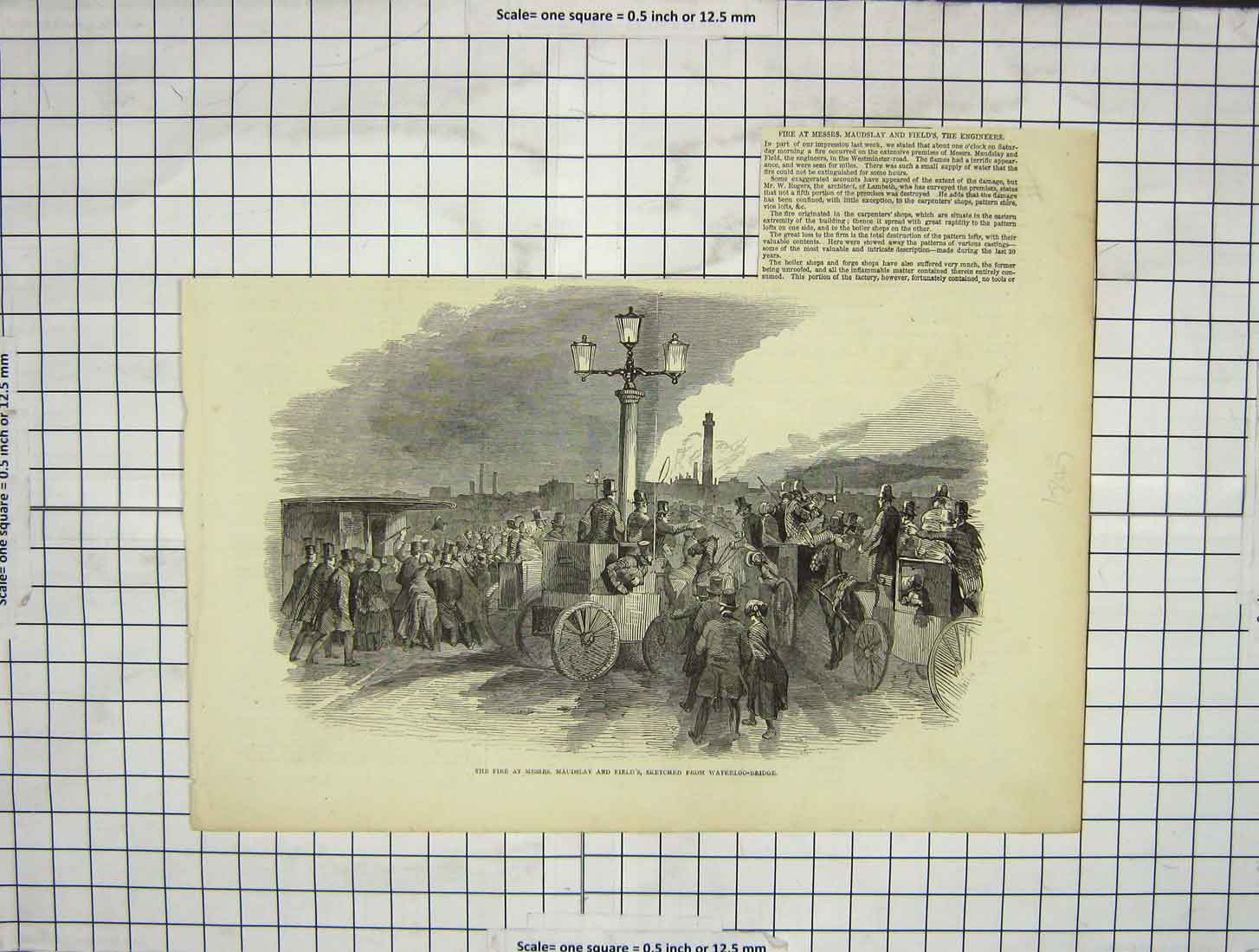 Old Antique Print Fire Maudslay Fields Engineers Waterloo Bridge London