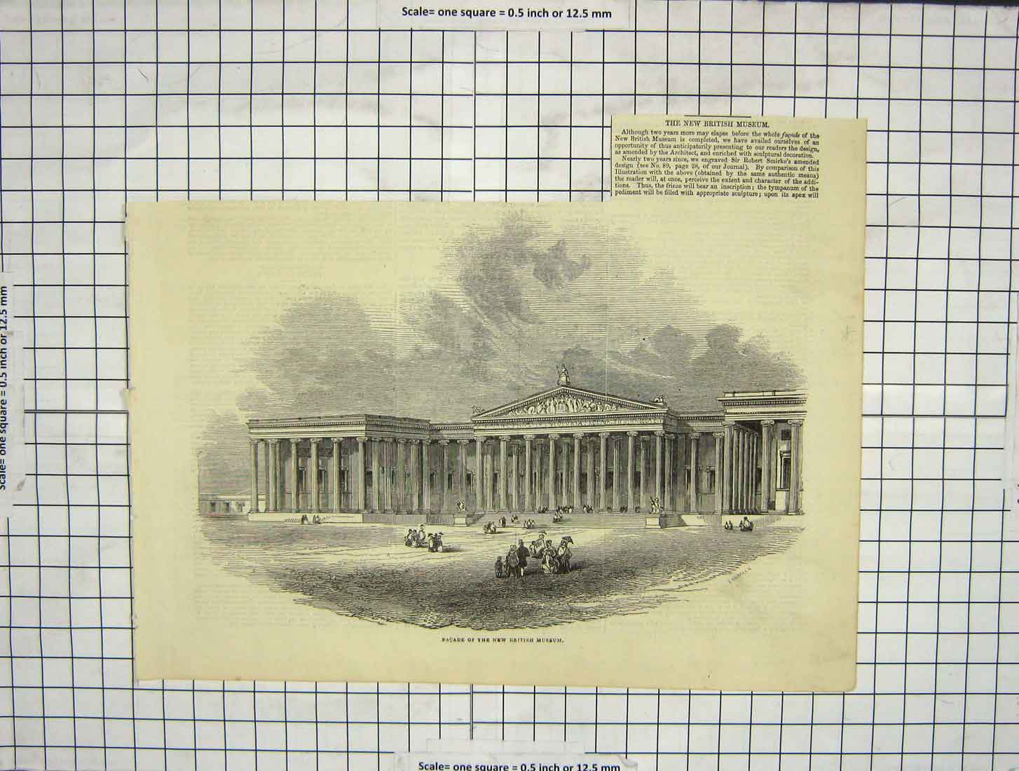 Original Old Antique Print 1846 Faáade New British Museum Architecture Building