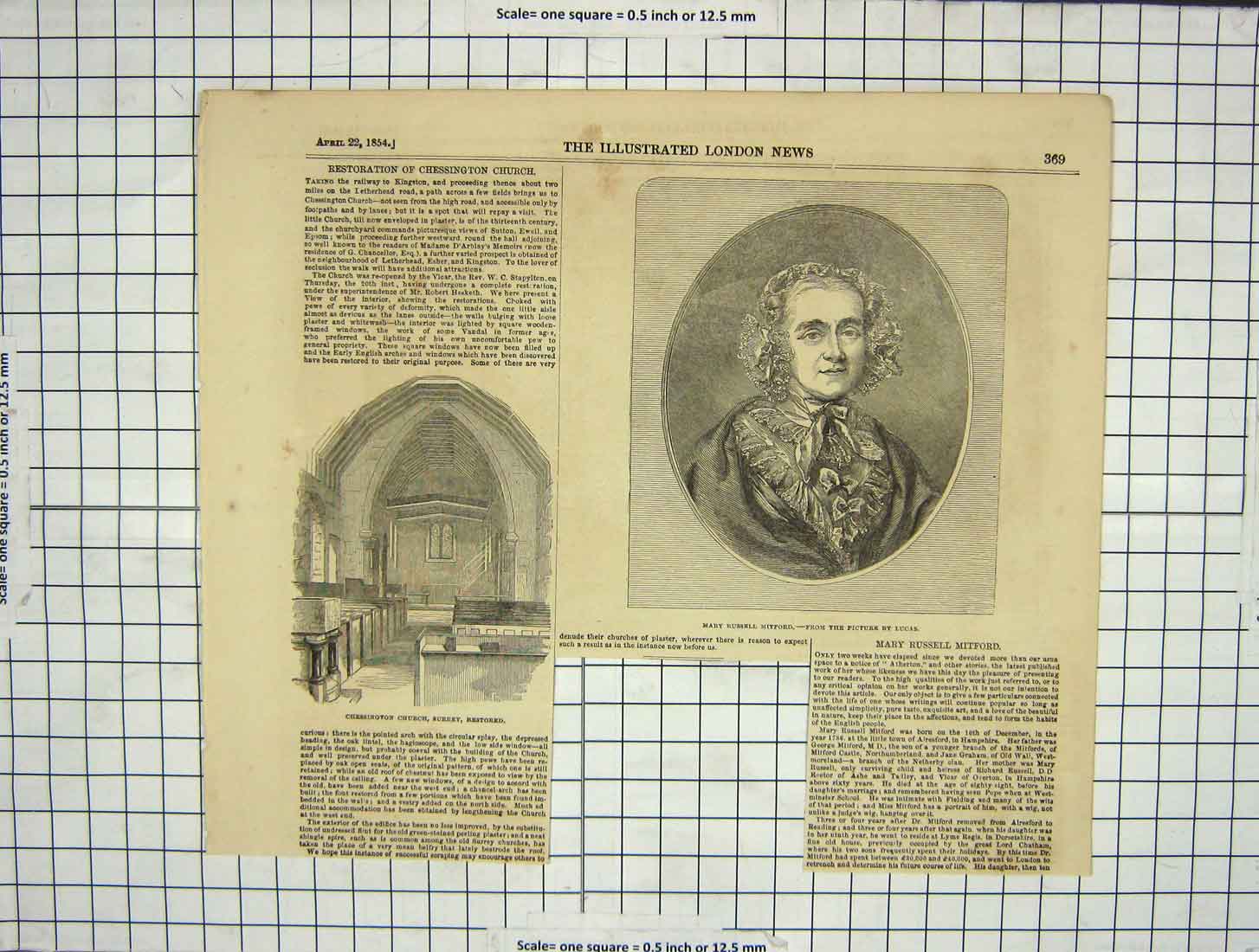 Original Old Antique Print 1854 Mary Russell Mitford Chessington Church Surrey