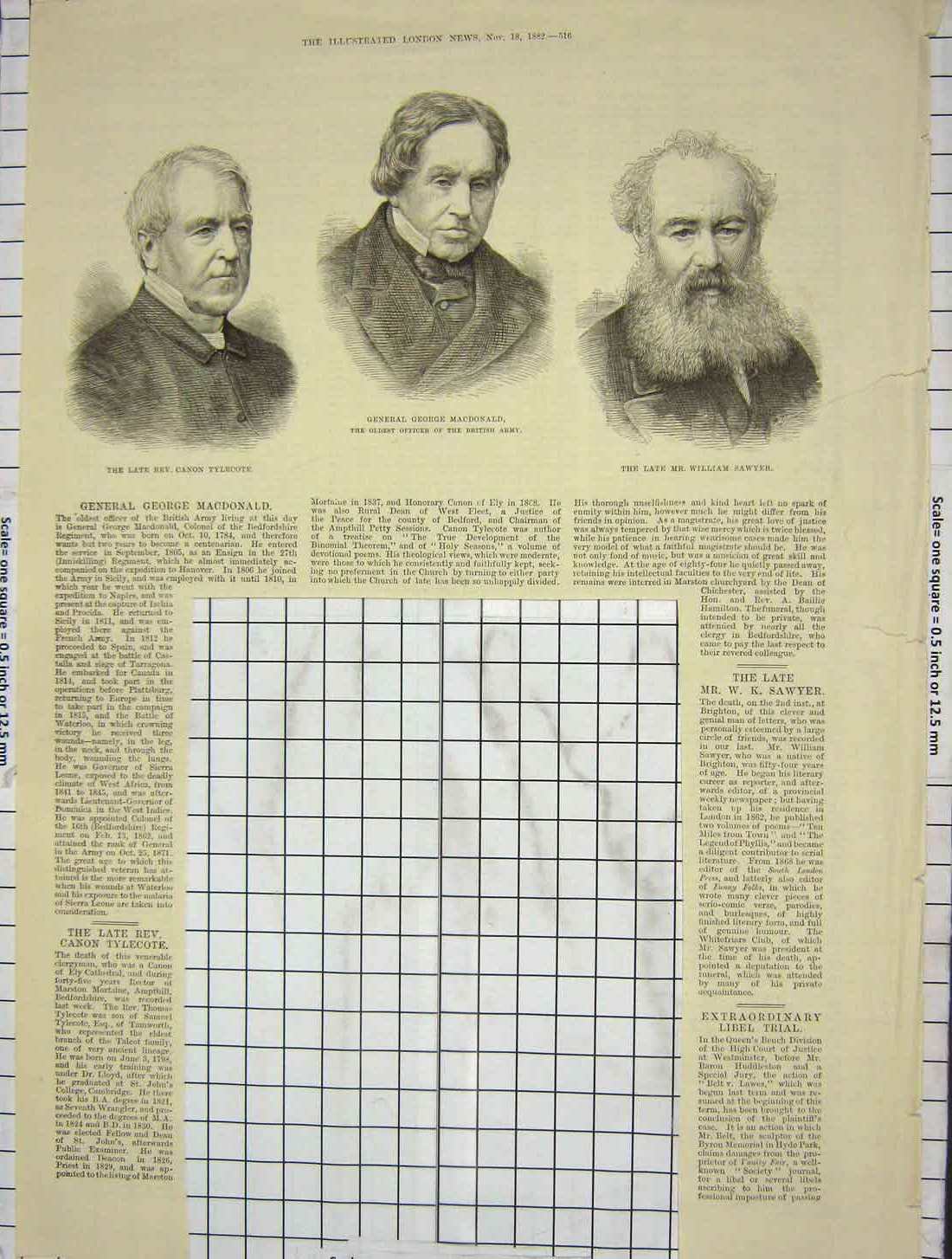 Original Old Antique Print 1882 General Macdonald Rev. Tylecote William Sawyer