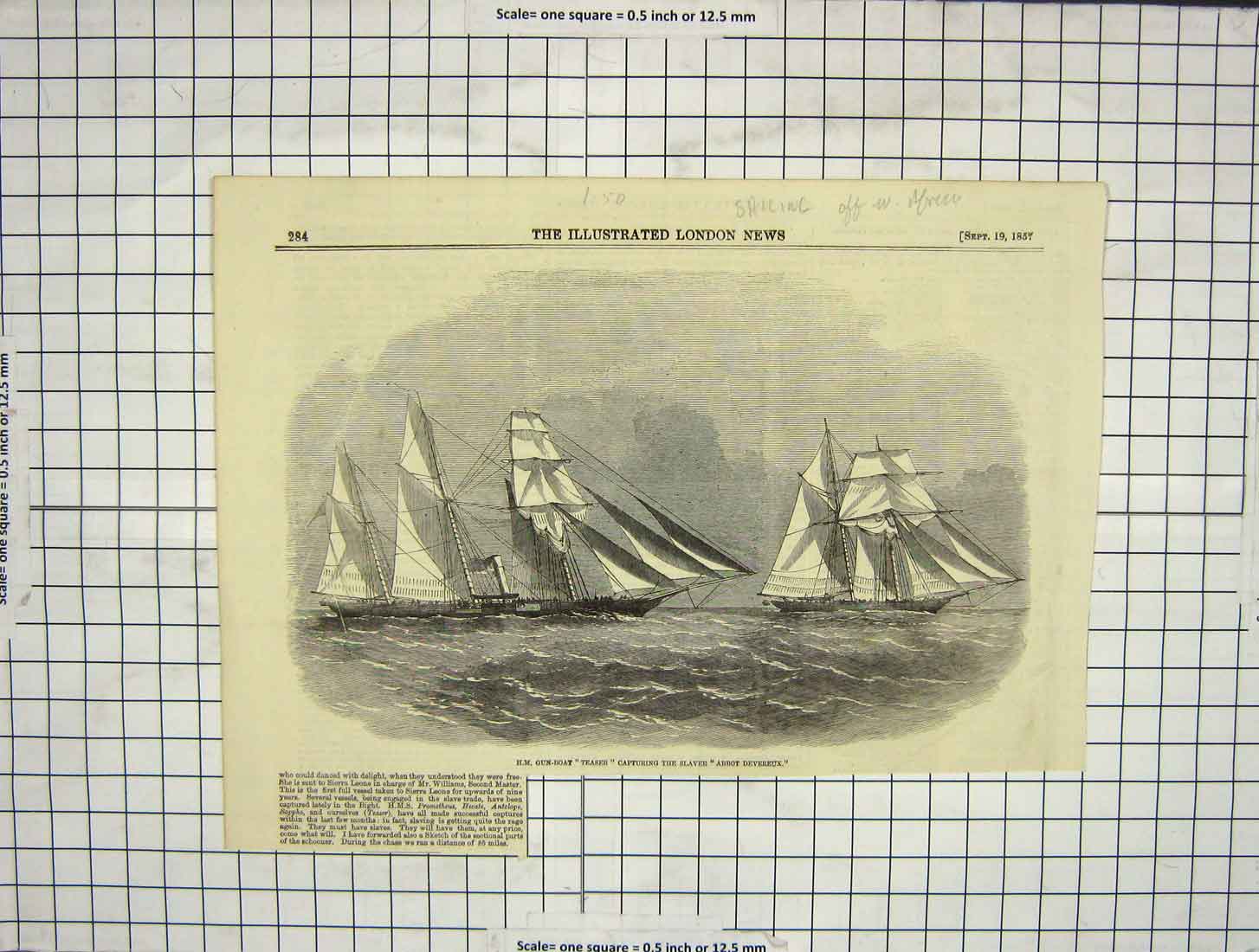 Original Old Antique Print 1857 Gun-Boat Teaser Capturing Slaver Abbot Devereux