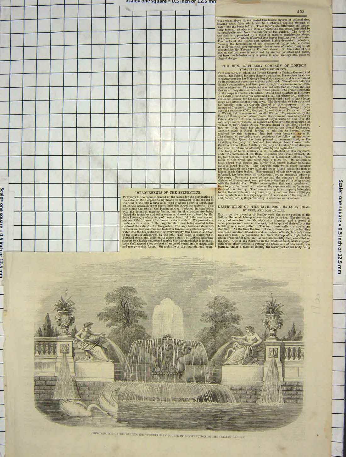 Original Old Antique Print Fountain Italian Gardens Improvements Serpentine
