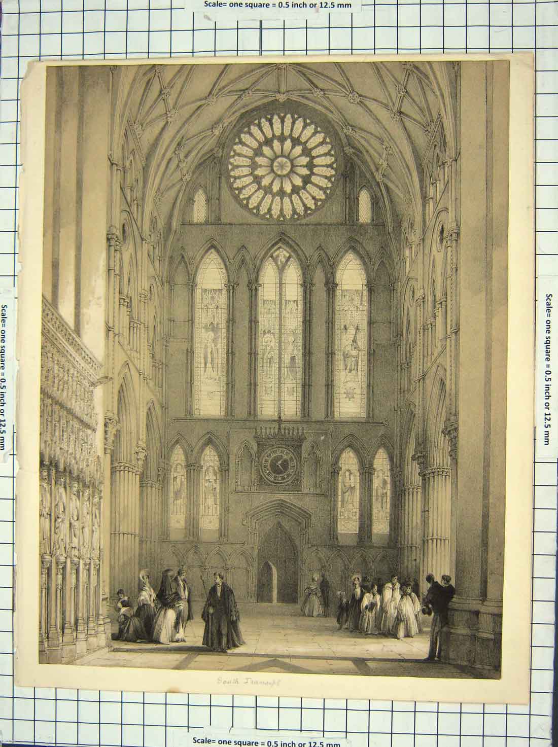 Original Old Antique Print South Transept Cathedral Church Architecture