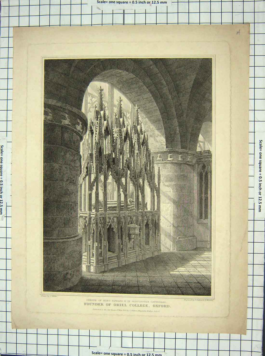 Original Old Antique Print 1830 Shrine King Edward Gloucester Cathedral Oriel