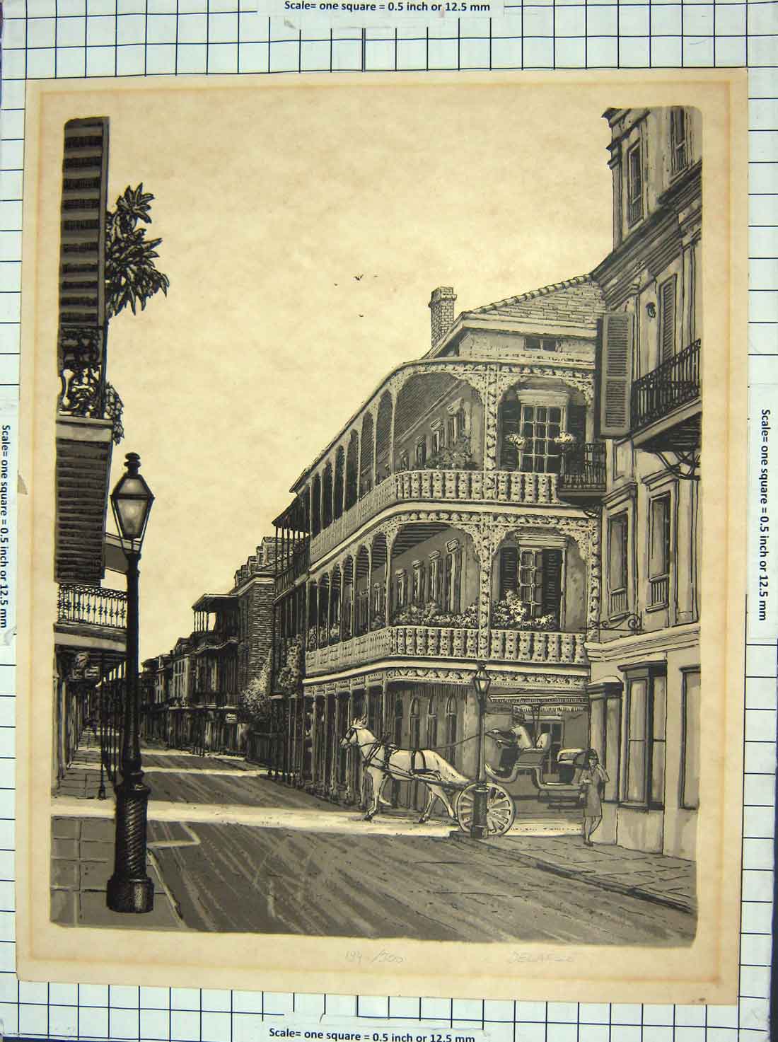 Old Antique Print Delafille Street Scene Buildings Horse Limited Edition