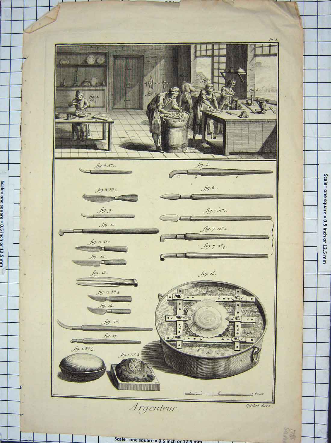 Original Old Antique Print Argenteur Worksop Tools Instruments