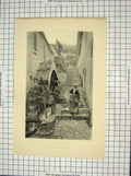 Original Old Antique Print Water Wheel Woman Steps River