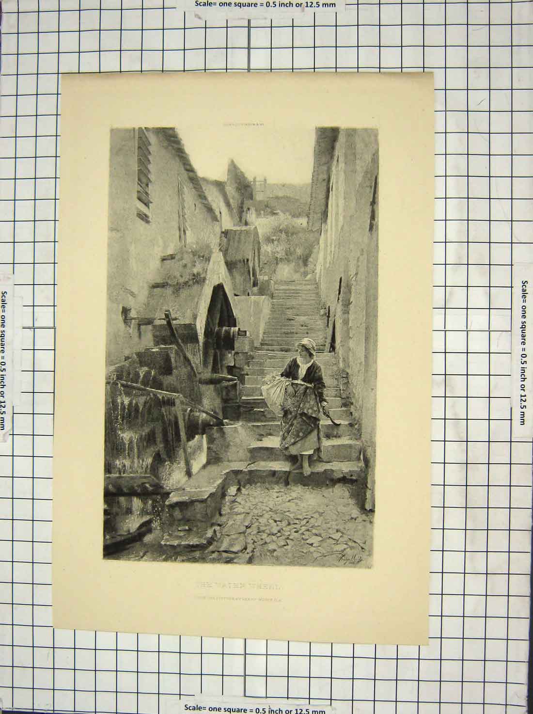 Original Old Antique Print Water Wheel Woman Steps River