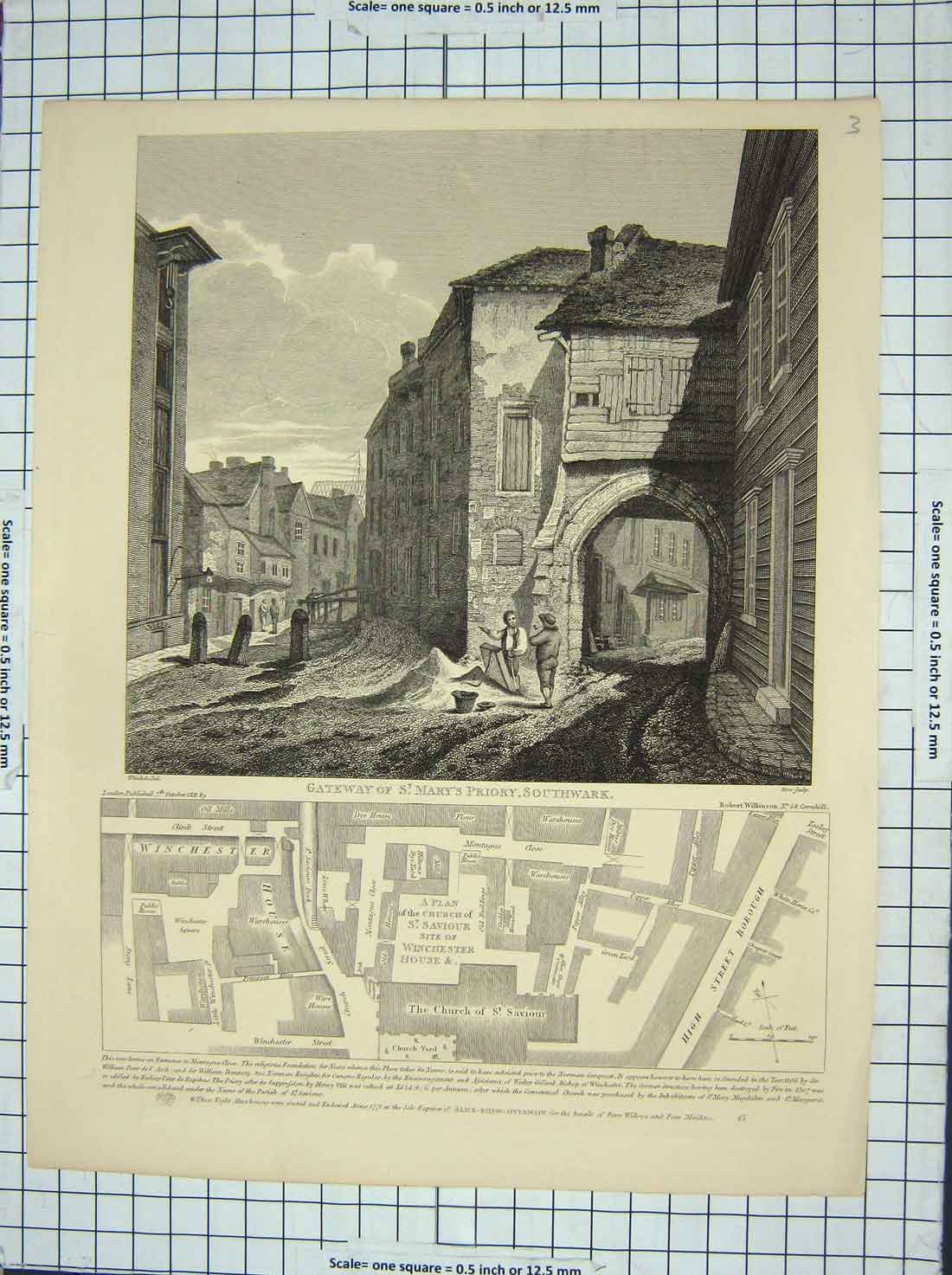 Old Antique Print Gateway St. Mary'S Priory Southwark Plan Church Saviour
