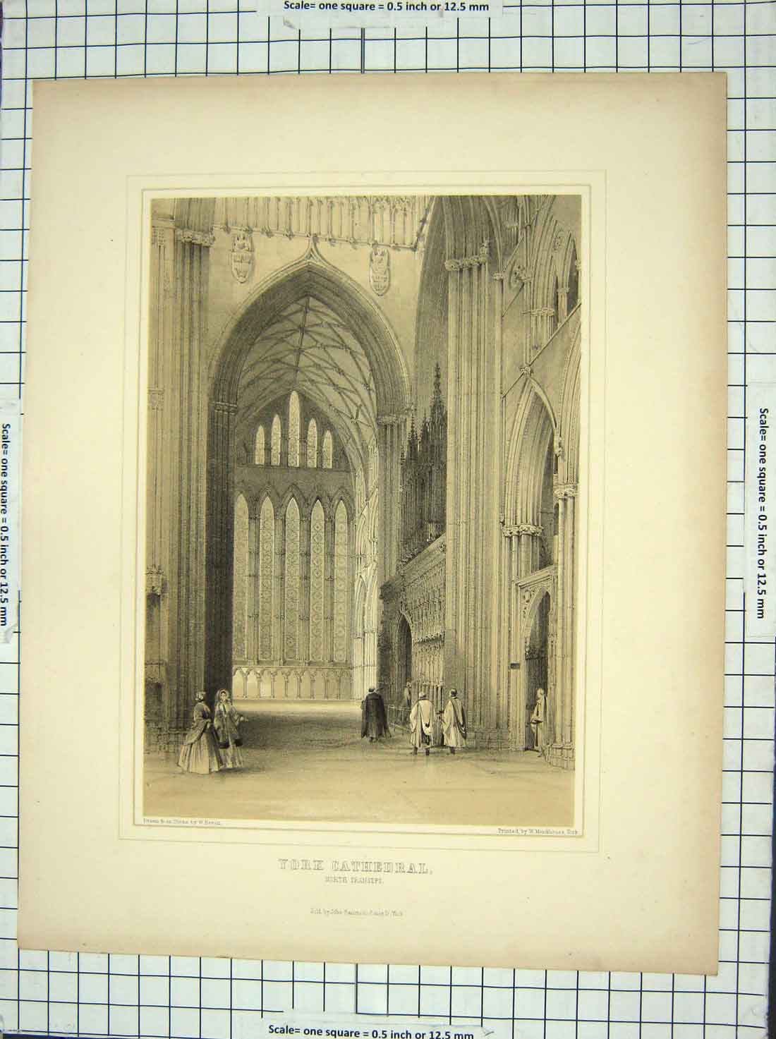 Original Old Antique Print York Cathedral North Transept Architecture