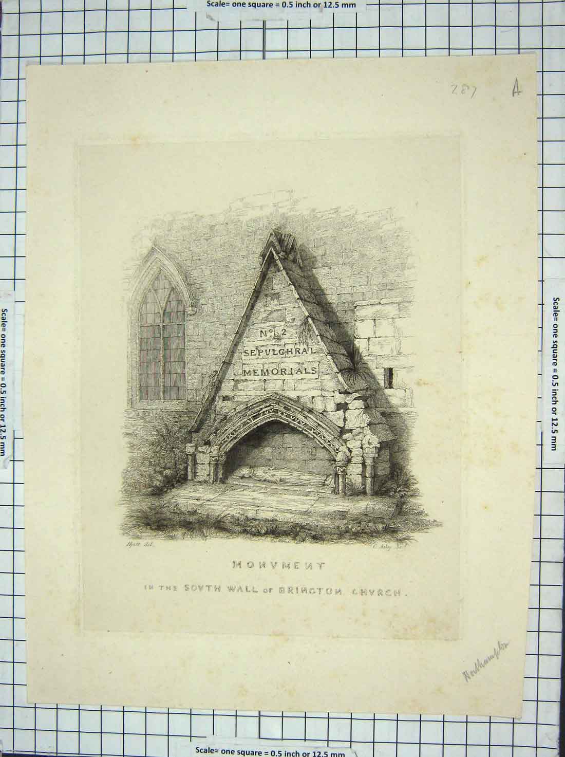 Old Antique Print Monument South Wall Brighton Church Sepulchral Memorial