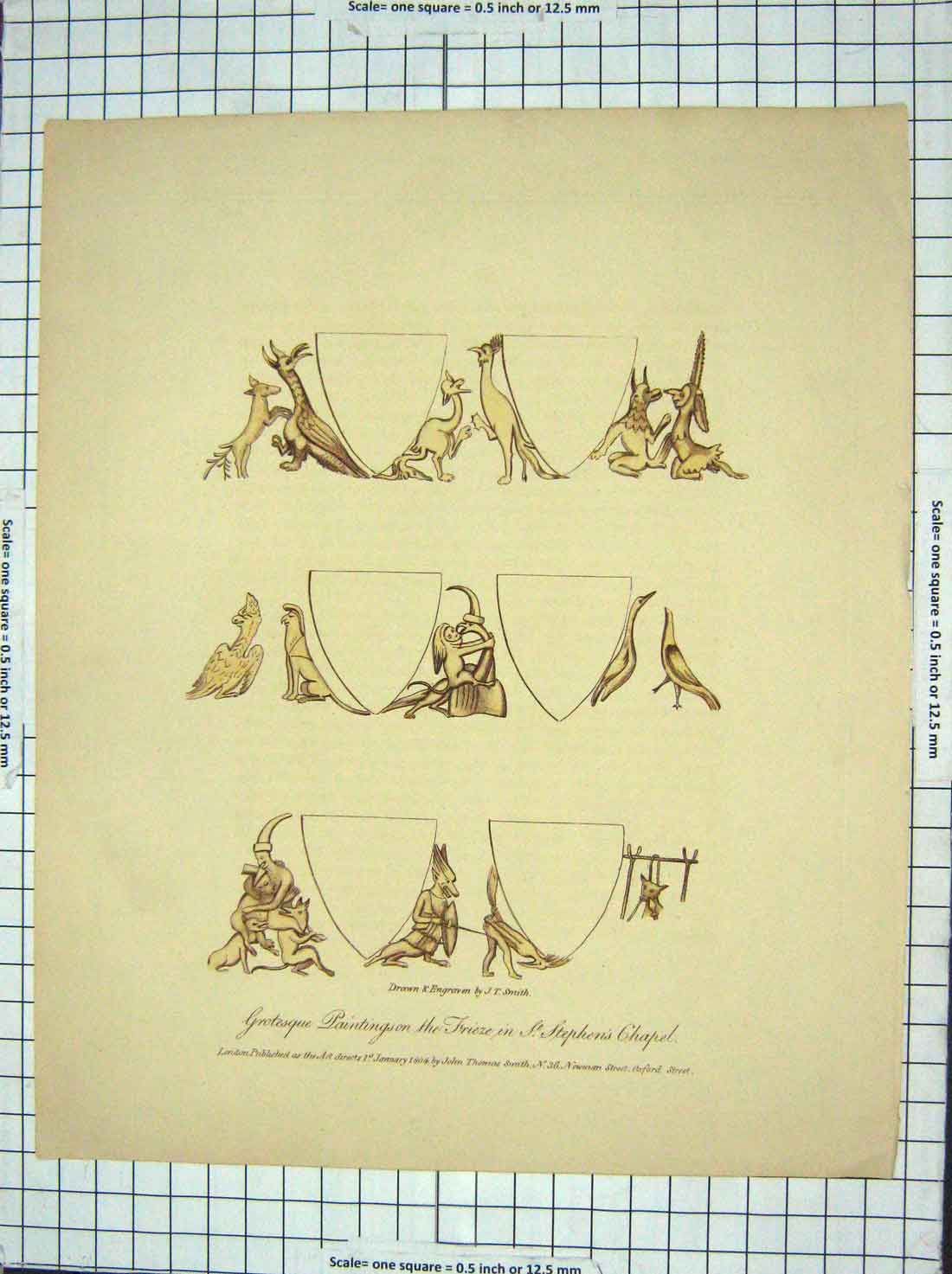 Original Old Antique Print 1804 Grotesque Paintings Frieze St. Stephens Chapel