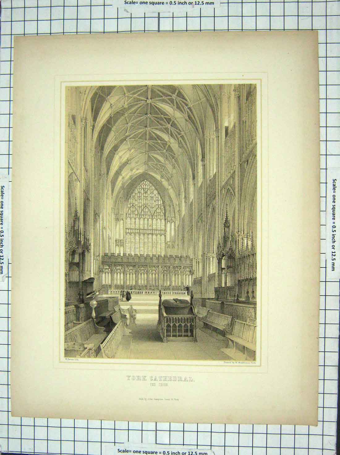 Original Old Antique Print Interior York Cathedral Architecture