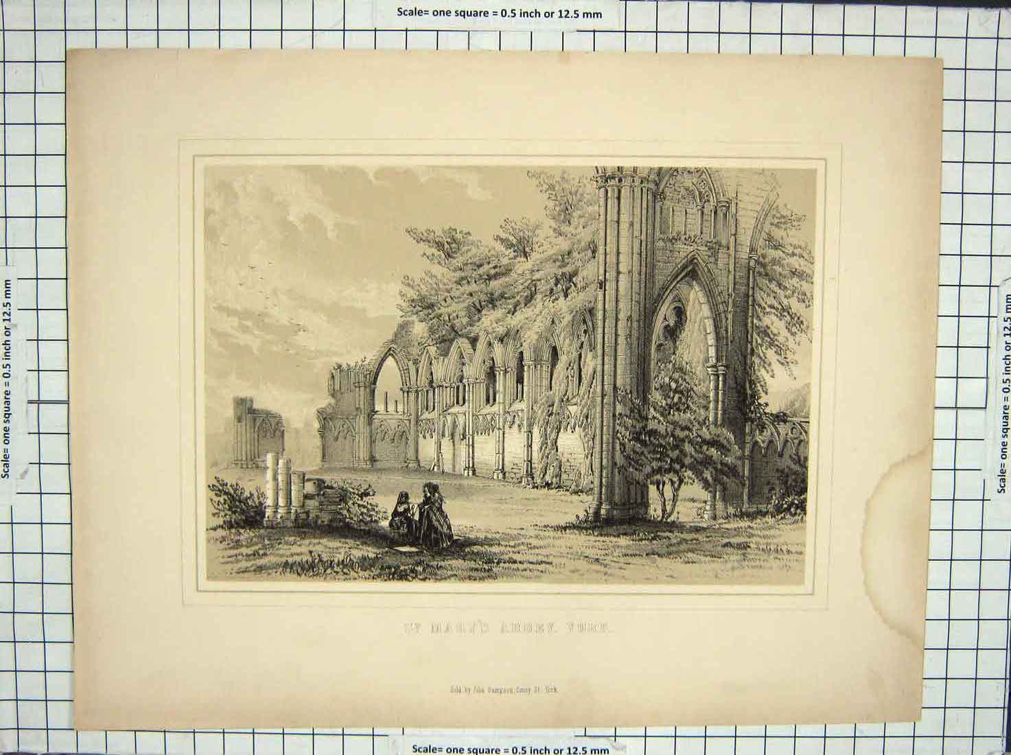 Original Old Antique Print Architecture St. Mary'S Abbey York England