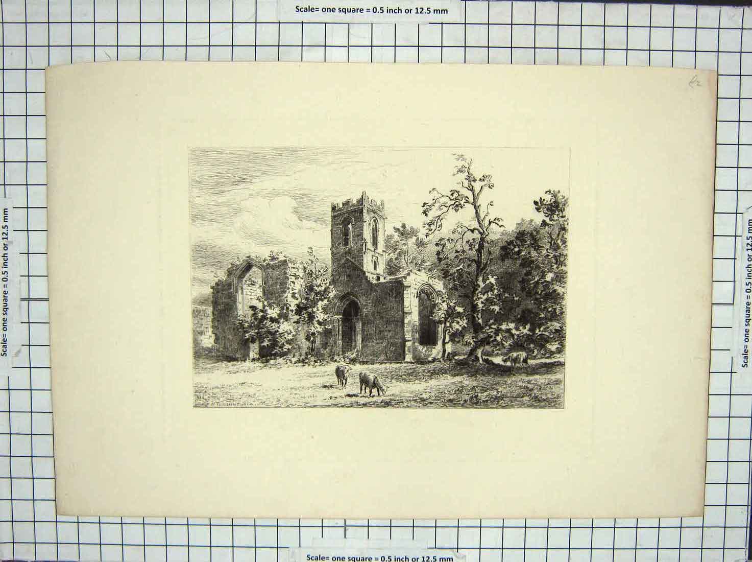 Original Old Antique Print Architecture Church Ruins Trees Cow